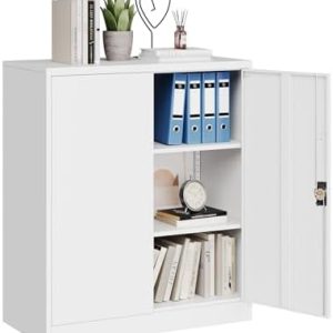 MIIIKO Lockable Storage Cabinet - Small Metal Garage Cabinet with Doors and Shelves - Secure Base Locker for Home and Of