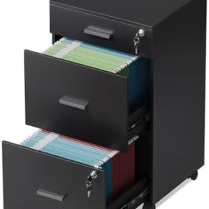 DEVAISE 3 Drawer Rolling File Cabinet with Lock for Home Office | Wood Filing Cabinet for Letter/A4 Size | Secure Storag