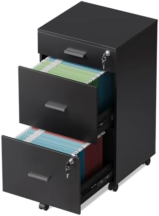 DEVAISE 3 Drawer Rolling File Cabinet with Lock for Home Office | Wood Filing Cabinet for Letter/A4 Size | Secure Storag