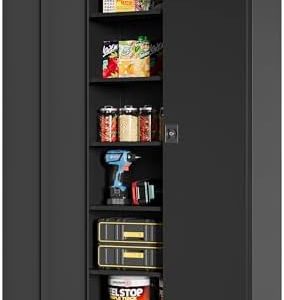 MIIIKO Lockable Black Metal Storage Cabinet | 5 Shelves | Tall Tool Cabinet for Garage and Office | Security Features wi