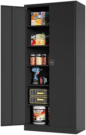 MIIIKO Lockable Black Metal Storage Cabinet | 5 Shelves | Tall Tool Cabinet for Garage and Office | Security Features wi