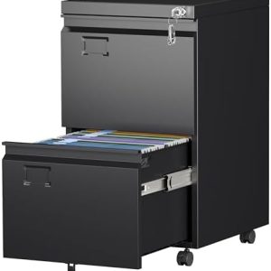 Aobabo Lockable 2 Drawer File Cabinet for Home Office – Metal Filing Cabinet with Wheels, Business Card Slot, Legal/Lett