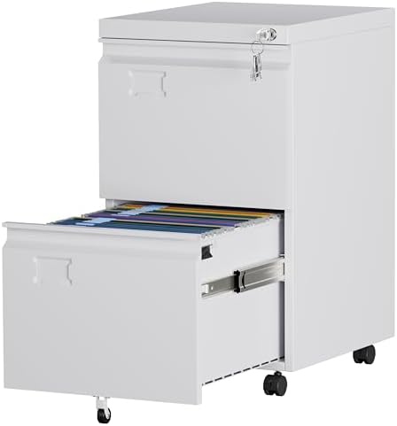 Aobabo Lockable 2 Drawer File Cabinet for Home Office – Metal Filing Cabinet with Wheels, Business Card Slot, Legal/Lett