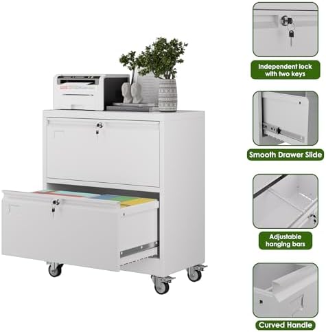 Aobabo Lockable 2 Drawer File Cabinet for Home Office – Metal Filing Cabinet with Wheels, Business Card Slot, Legal/Lett