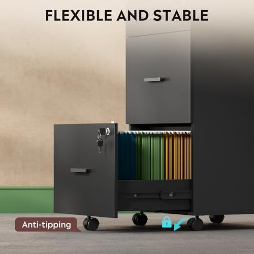 DEVAISE 3 Drawer Rolling File Cabinet with Lock for Home Office | Wood Filing Cabinet for Letter/A4 Size | Secure Storag