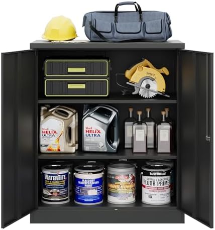 MIIIKO Lockable Black Metal Storage Cabinet | 5 Shelves | Tall Tool Cabinet for Garage and Office | Security Features wi