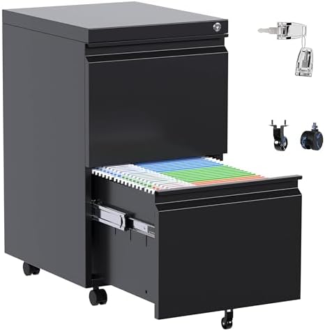 Aobabo Lockable 2 Drawer File Cabinet for Home Office – Metal Filing Cabinet with Wheels, Business Card Slot, Legal/Lett
