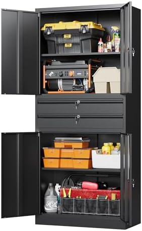 Letaya Metal Garage Storage Cabinet - 4 Door Tool Cabinet with Lock, 2 Adjustable Shelves for Home Office & Utility Room