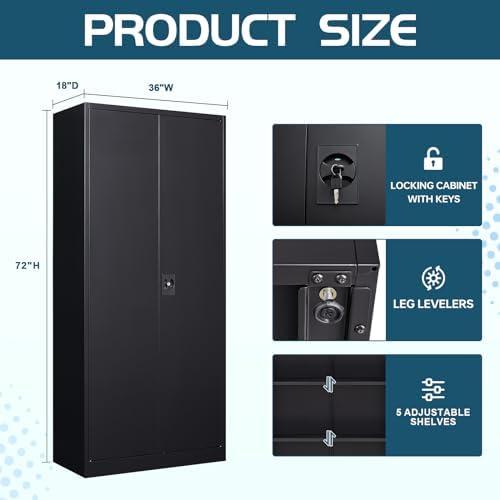 MIIIKO Lockable Black Metal Storage Cabinet | 5 Shelves | Tall Tool Cabinet for Garage and Office | Security Features wi