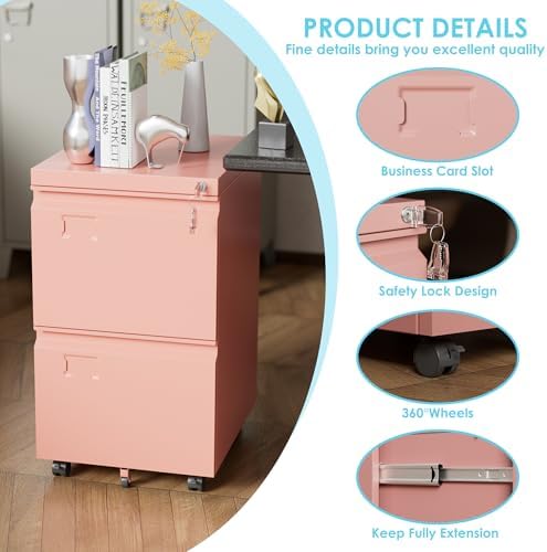 Aobabo Lockable 2 Drawer File Cabinet for Home Office – Metal Filing Cabinet with Wheels, Business Card Slot, Legal/Lett