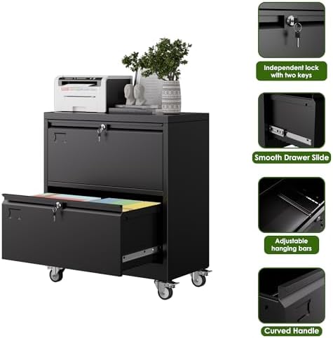 Aobabo Lockable 2 Drawer File Cabinet for Home Office – Metal Filing Cabinet with Wheels, Business Card Slot, Legal/Lett