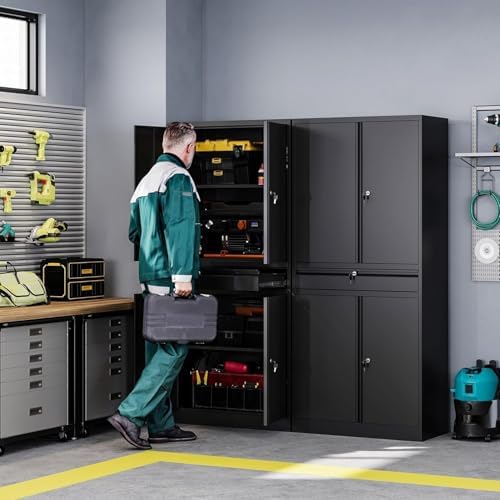 Letaya Metal Garage Storage Cabinet - 4 Door Tool Cabinet with Lock, 2 Adjustable Shelves for Home Office & Utility Room