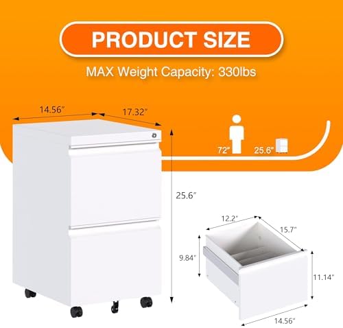 Aobabo Lockable 2 Drawer File Cabinet for Home Office – Metal Filing Cabinet with Wheels, Business Card Slot, Legal/Lett