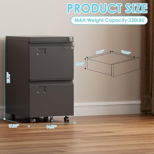 Aobabo Lockable 2 Drawer File Cabinet for Home Office – Metal Filing Cabinet with Wheels, Business Card Slot, Legal/Lett