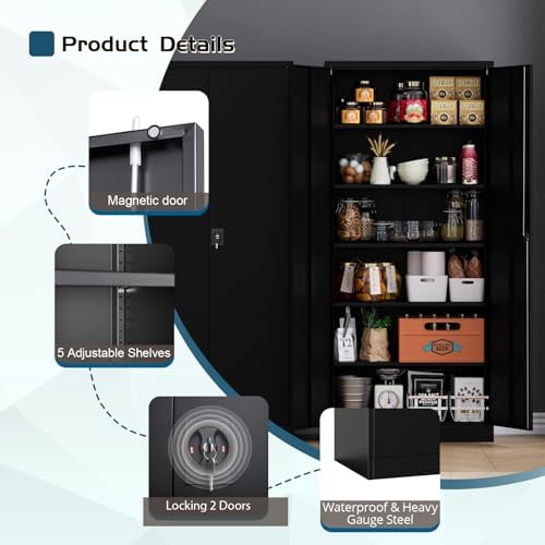 MIIIKO Lockable Black Metal Storage Cabinet | 5 Shelves | Tall Tool Cabinet for Garage and Office | Security Features wi