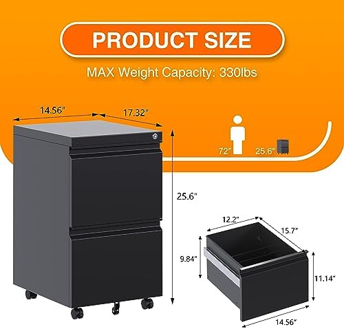 Aobabo Lockable 2 Drawer File Cabinet for Home Office – Metal Filing Cabinet with Wheels, Business Card Slot, Legal/Lett