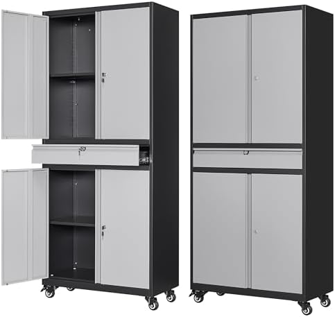 Letaya Metal Garage Storage Cabinet - 4 Door Tool Cabinet with Lock, 2 Adjustable Shelves for Home Office & Utility Room