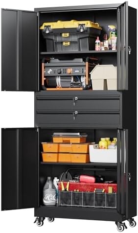 Letaya Metal Garage Storage Cabinet - 4 Door Tool Cabinet with Lock, 2 Adjustable Shelves for Home Office & Utility Room