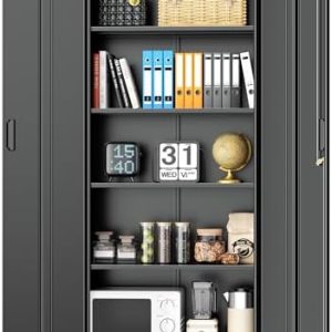 INTERGREAT Rolling Metal Storage Cabinet, 73" H Lockable Steel Cabinet on Wheels for Home/Garage, Durable Black Office S