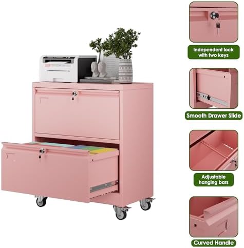Aobabo Lockable 2 Drawer File Cabinet for Home Office – Metal Filing Cabinet with Wheels, Business Card Slot, Legal/Lett