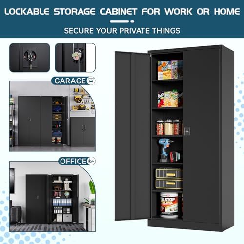 MIIIKO Lockable Black Metal Storage Cabinet | 5 Shelves | Tall Tool Cabinet for Garage and Office | Security Features wi