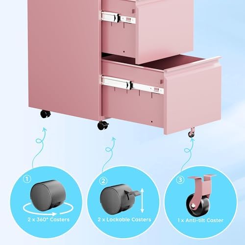 Aobabo Lockable 2 Drawer File Cabinet for Home Office – Metal Filing Cabinet with Wheels, Business Card Slot, Legal/Lett