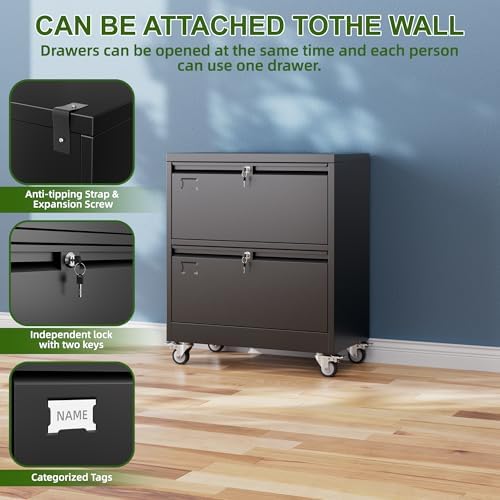 Aobabo Lockable 2 Drawer File Cabinet for Home Office – Metal Filing Cabinet with Wheels, Business Card Slot, Legal/Lett