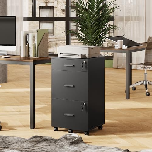 DEVAISE 3 Drawer Rolling File Cabinet with Lock for Home Office | Wood Filing Cabinet for Letter/A4 Size | Secure Storag