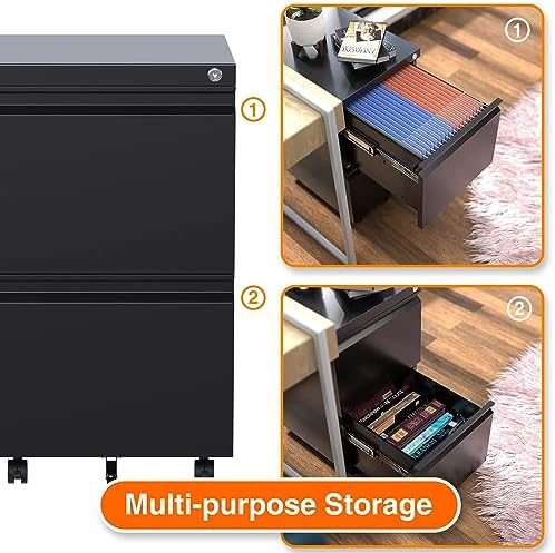 Aobabo Lockable 2 Drawer File Cabinet for Home Office – Metal Filing Cabinet with Wheels, Business Card Slot, Legal/Lett