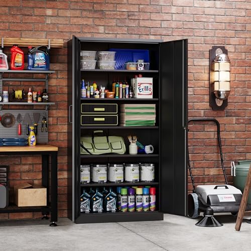 MIIIKO Lockable Black Metal Storage Cabinet | 5 Shelves | Tall Tool Cabinet for Garage and Office | Security Features wi