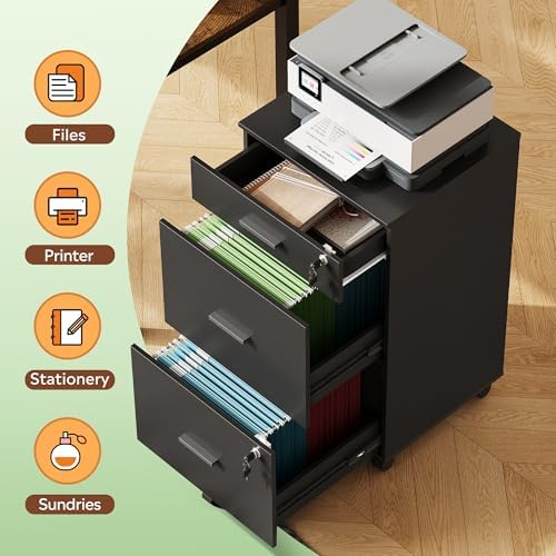 DEVAISE 3 Drawer Rolling File Cabinet with Lock for Home Office | Wood Filing Cabinet for Letter/A4 Size | Secure Storag