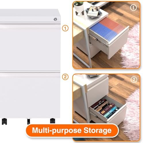 Aobabo Lockable 2 Drawer File Cabinet for Home Office – Metal Filing Cabinet with Wheels, Business Card Slot, Legal/Lett