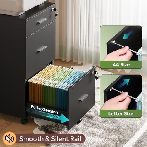 DEVAISE 3 Drawer Rolling File Cabinet with Lock for Home Office | Wood Filing Cabinet for Letter/A4 Size | Secure Storag